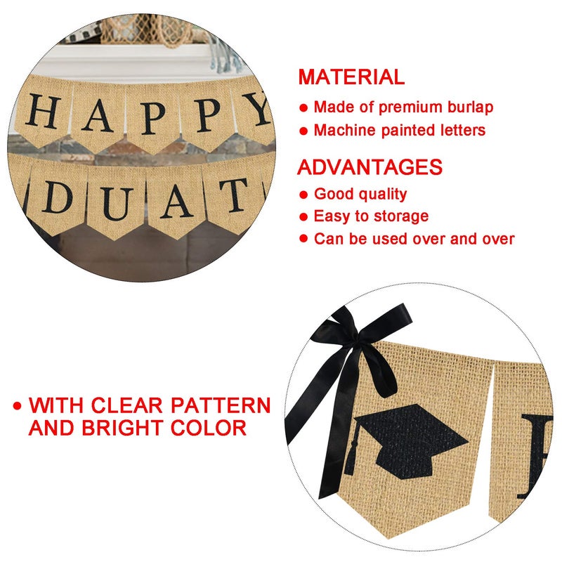 Partyprops Burlap Happy Graduation Banner | Rustic Vintage Graduation Decorations | Perfect for Grad Party Supplies 2025 | Grad Party Decor for Home, College, Senior, High School Prom Decorations - Image 4